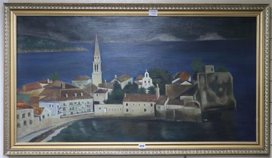 Maria Teresa Molner, oil on board, Adriatic town, 58 x 111cm